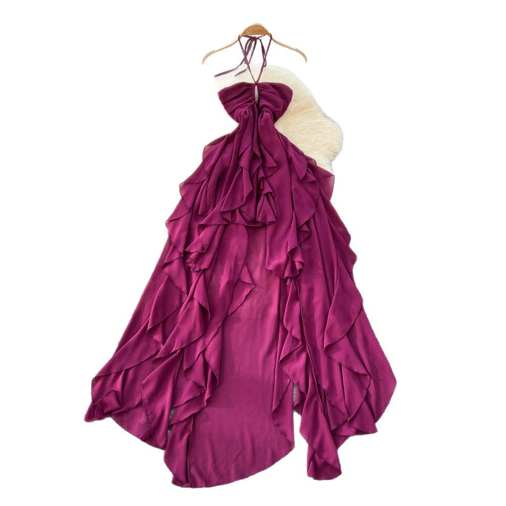 Vacation style halterrufflesdress women's summerk-style high waist a-line asymmetrical long skirt work clothing outfit