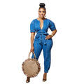 Amazon  women's jumpsuit new arrival hot selling washed blue fashionable elegant denim jumpsuit pants