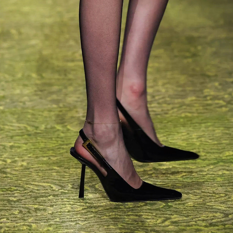 Black pointed-toe stiletto heels, 2025 new style, inspired by nazha's look, elegant patent leather sexy metal toe-cap sandals for women