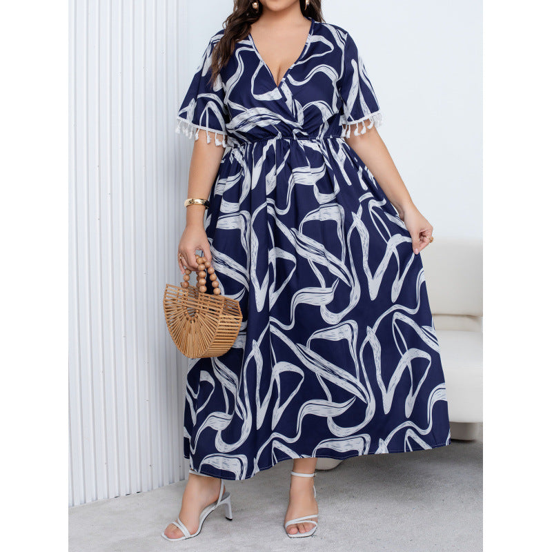 plus size cross-border new arrival  women's original elegancev neckprintingdress cuff flow