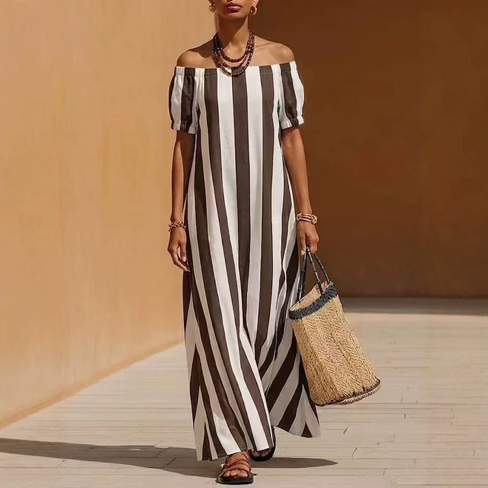 European and american independent station cross-border fashion loose one shoulder long stripesprinting summer best selling short sleeve women's dress