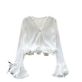 Women's long-sleeve blouse for cross-border e-commerce: new spring/autumn style with 3d ruffle trim, v-neck, pleated detail, and flared short sleeves