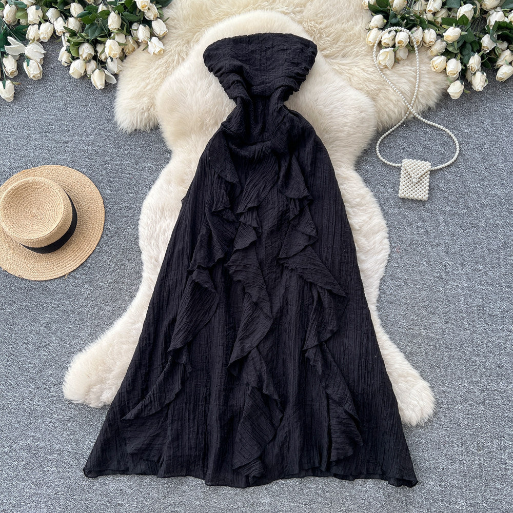 French riviera style halter sleeveless dress - women's summer korean high-waisted ruffle trim slimming elegant maxi dress - pink