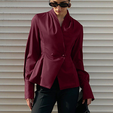 European and American  commuter women's clothing slim-fitting waist double-breasted long-sleeved v-neck jacket niche design red cardigan