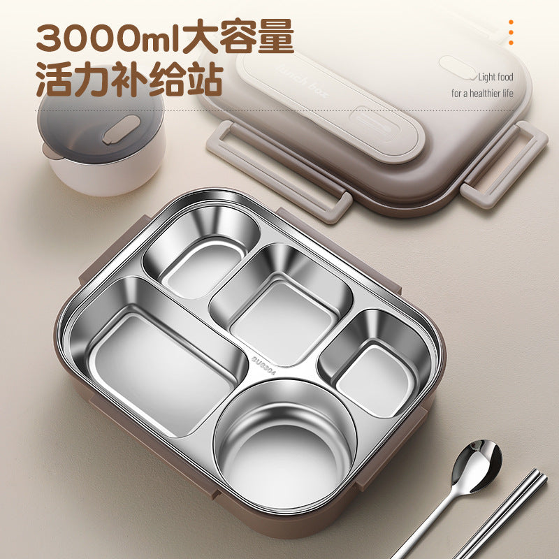 304 stainless steel lunch box office workers portable with rice box canteen with lid with tableware soup bowl grid lunch box