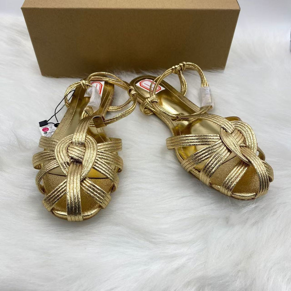 Za cross-border independent station insfashion catwalk electroplated steel heel one-word buckle strap simple open toe women's shoes sandals