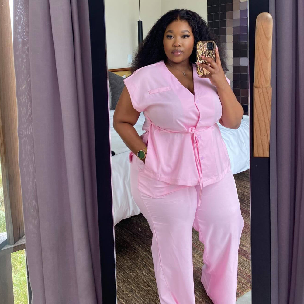 European and american cross-border african women's clothing  summer new arrival: elegant v-neck short-sleeve tie-up blouse and high-waisted pants set