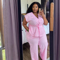 European and american cross-border african women's clothing  summer new arrival: elegant v-neck short-sleeve tie-up blouse and high-waisted pants set