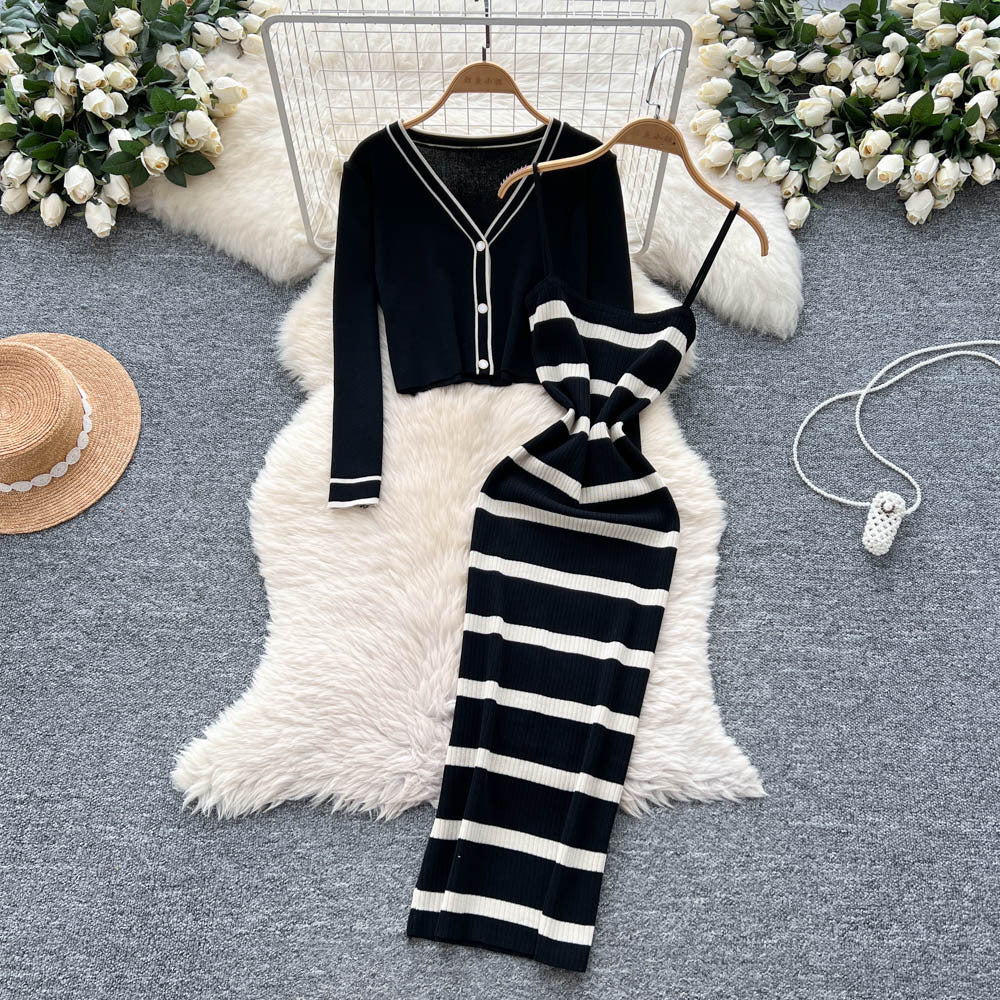 Feminine style outfit: 2025 new arrival - slim-fit striped knit camisole dress with long-sleeved cardigan jacket