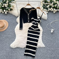 Feminine style outfit: 2025 new arrival - slim-fit striped knit camisole dress with long-sleeved cardigan jacket