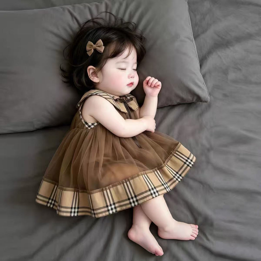 Summer chic sleeveless bowknot girl's korean style plaid peter pan collar dress with mesh panel princess dress for summer