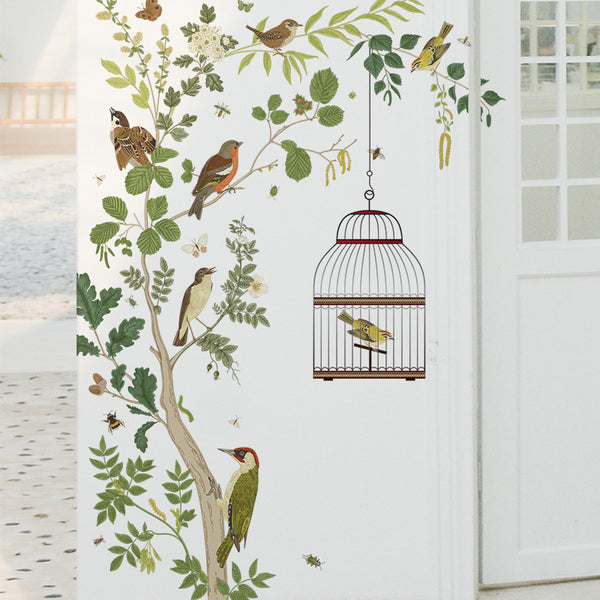 Fresh plant leaf background sticker Children's room big tree bird cage wall sticker Bird bedroom sofa wall decoration sticker