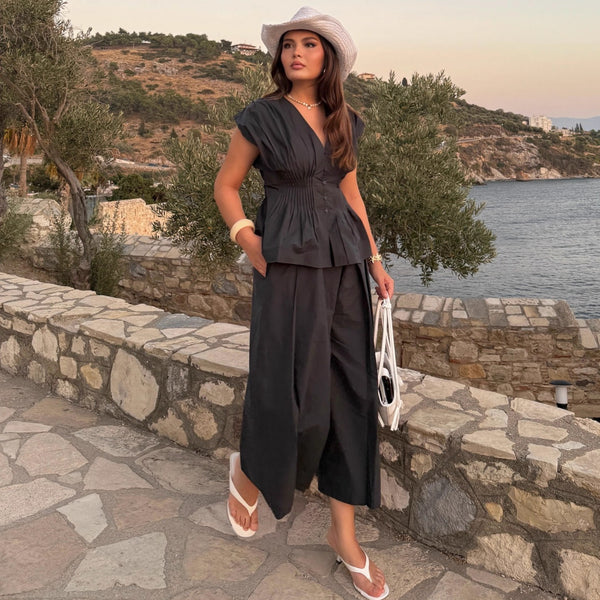 Foreign trade European and American fashion casual tooling suit women's  new women's clothing sleeveless top wide-leg pants two-piece set trendy