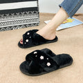 2024 new korean style floral plush slippers for women, autumn/winter home indoor flat pearl cross wooden floor fuzzy slippers