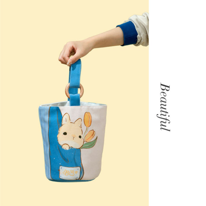New arrival illustration cartoon canvas bag bucket bag printing portable small satchel bag mommy bag lunch outing small bag