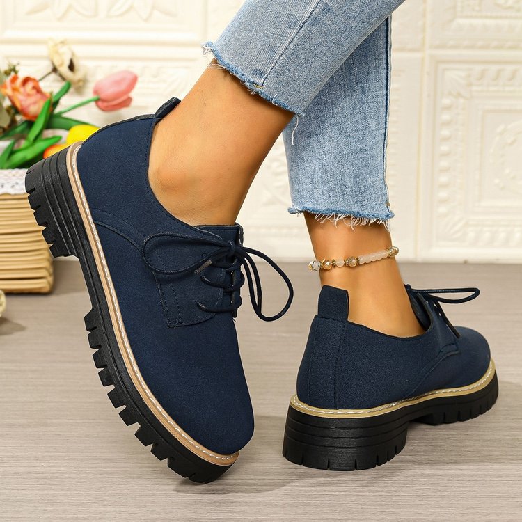 autumnew arrival cross-border plus size medium heel square heel flats women's k-style round toe tie backexport loafers women's flats