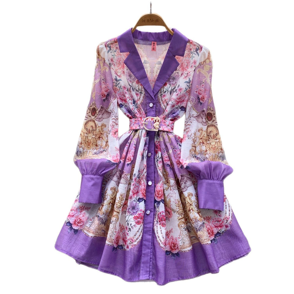 French spring dress women's  new retro suit collar long sleeve waist single breasted printing a line skirt