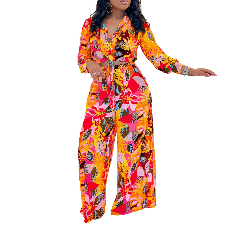 Q122 women's foreign trade  new fashion printed two-piece set: turn-down collar tie-front shirt and wide-leg pants set