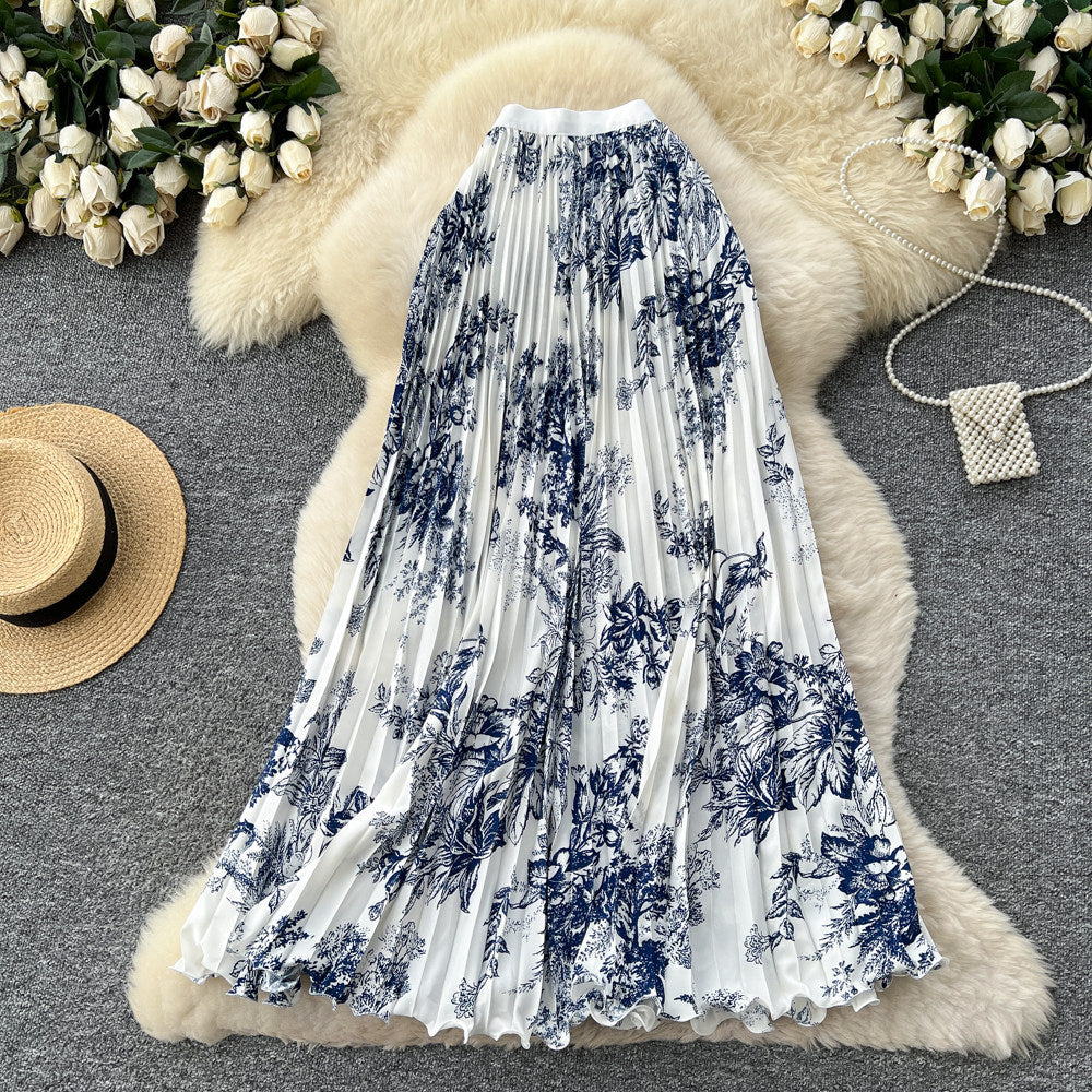 K-styleprintingpleatedcontrast colorsense of design skirt women's high waistslimming looka-line mid-length skirteasiest for matchpatchwork skirt