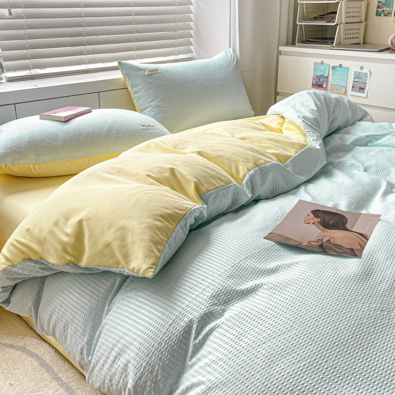 Solid color waffle four-piece wholesale ins polished bed sheet quilt cover Nantong quilt cover bed three-piece bed hat model