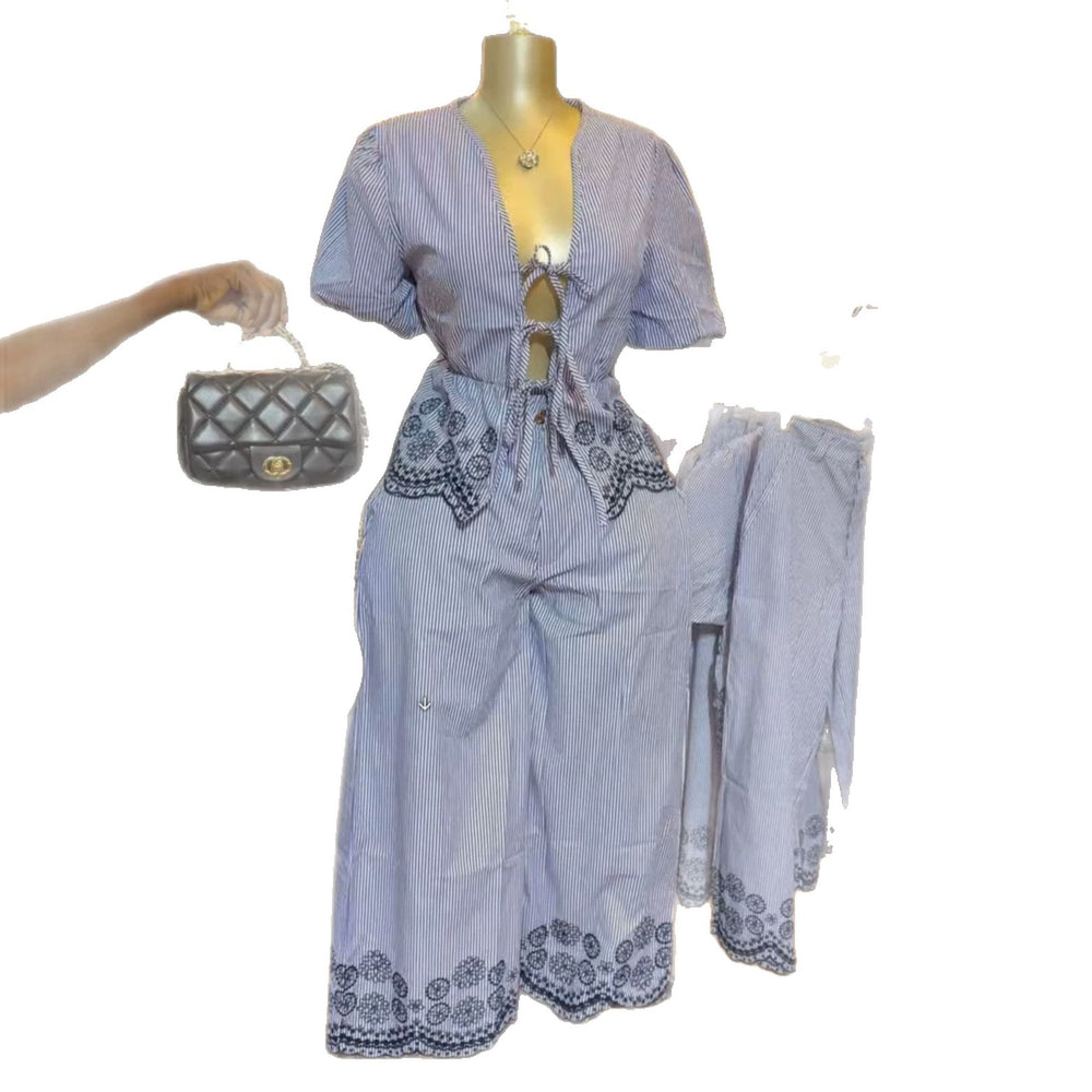 European and american cross-border women's fashion:  summer new collection - stylish printed tie-up striped short-sleeve shirt and wide-leg pants set