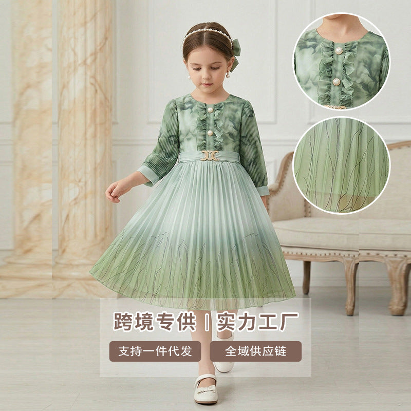 Custom girls' dress - printed floral chiffon a-line skirt - trendy pleated skirt - cross-border children's wear