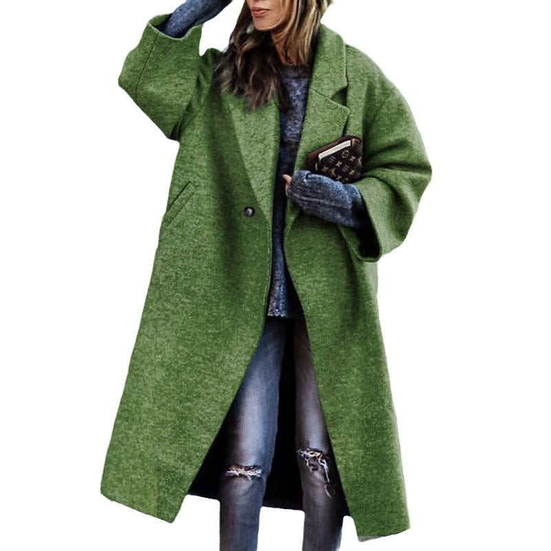 European and american autumn/winter long wool coat - chic, commuter style, beltless, turn-down collar, relaxed fit, wool green coat for women