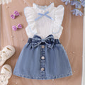 Kids clothing  cross-border new arrivalfashionspring & fallgirl white vest blue skirt two-piece set