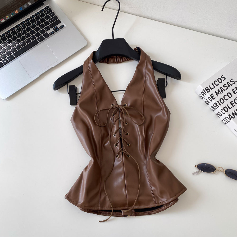 Retro hot girl v neck strap pu leather camisole women's silmslimming looksexyshorttopssummer