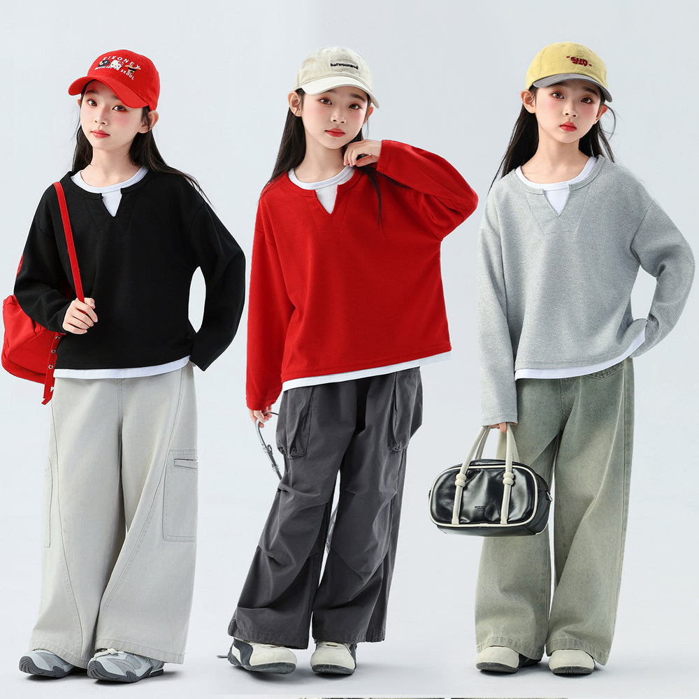 fake two-piece layered sweatshirtgirl waffle gridsv necklong sleeves t-shirt spring autumgirls fitted bottom shirt
