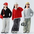 fake two-piece layered sweatshirtgirl waffle gridsv necklong sleeves t-shirt spring autumgirls fitted bottom shirt