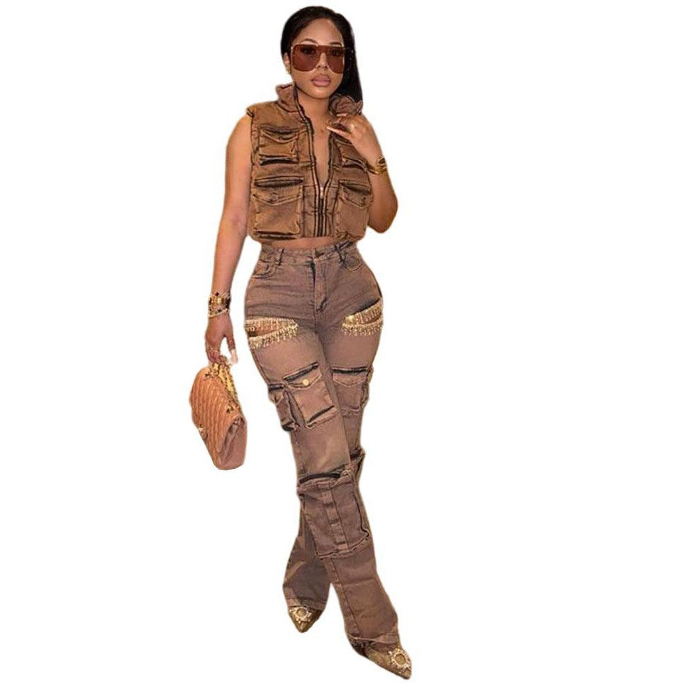 European and american women's fashion jeans -  cross-border women's clothing - trendy retro tassel & rhinestone embellished multi-pocket cargo pants