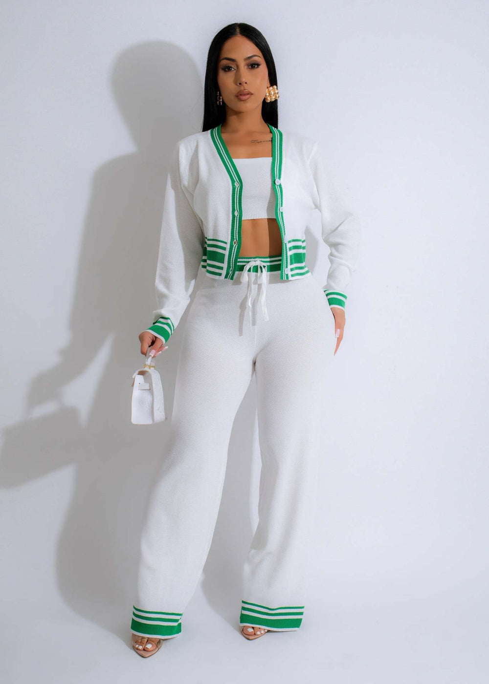 e-commerce source factory: new autumn/winter european and american style women's striped cardigan knit casual three-piece set