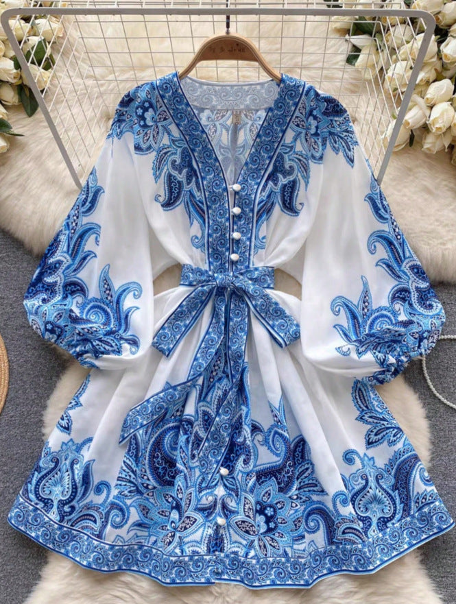 e-commerce women's clothing for europe and the us:  &   summer fashion mid-sleeve tie-up floral dress