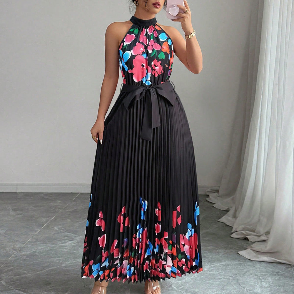 European and american cross-border women's summer  elegant halter neck tie waist floral print pleated maxi swing dress