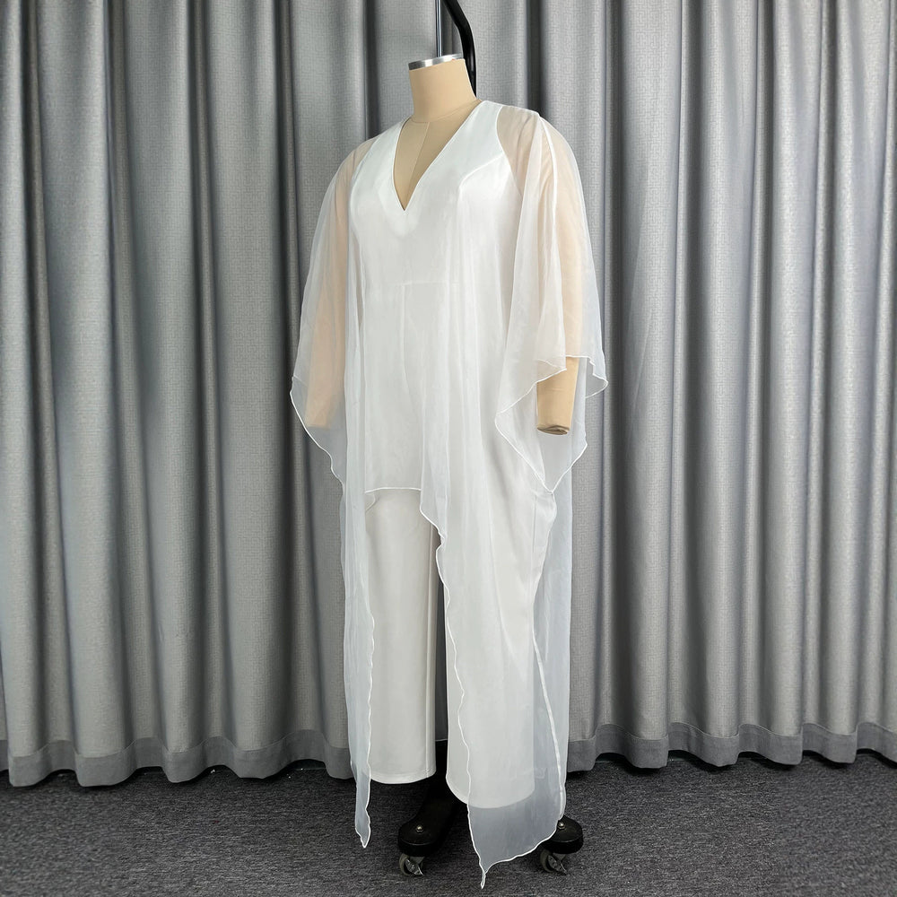 fashionpure colorelegant flowy deep v neck jumpsuit loose chiffon blouse robe wide leg jumpsuit