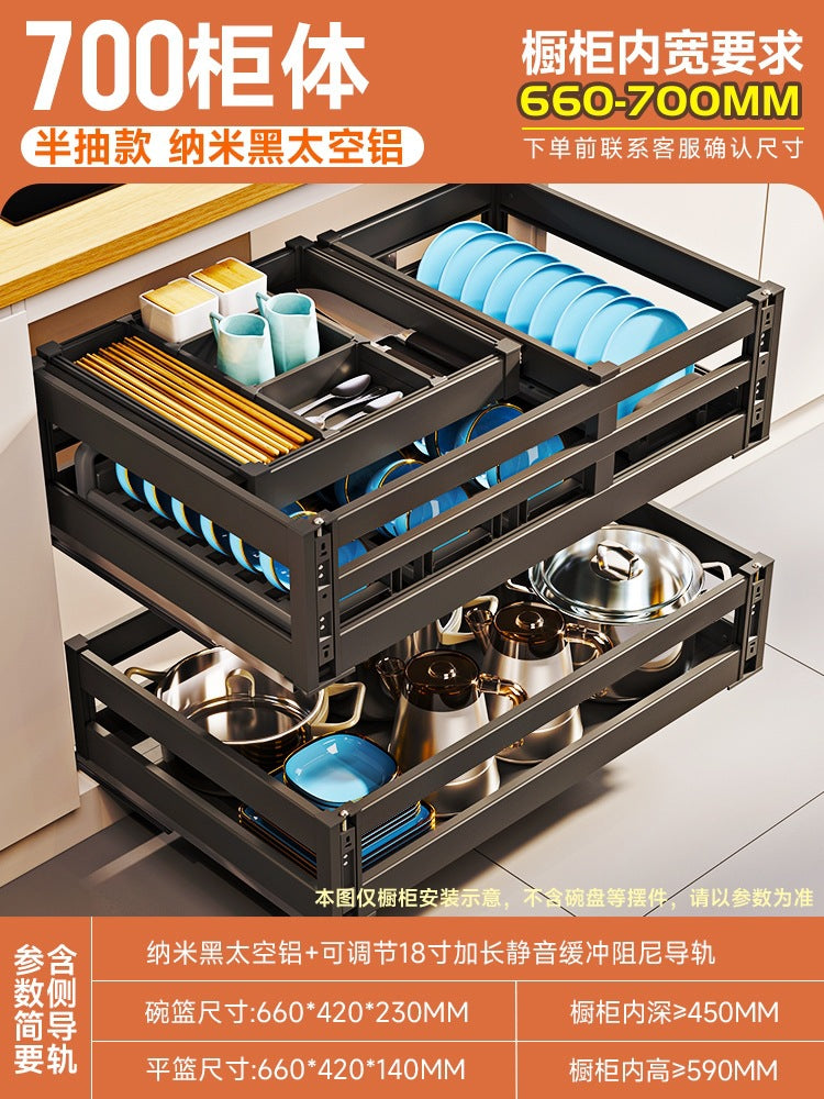 Pull Basket Kitchen Cabinet 304 Stainless Steel Double Layer Bowl Basket Drawer Type Seasoning Storage Dishes and Dishes Built-in Bowl Rack