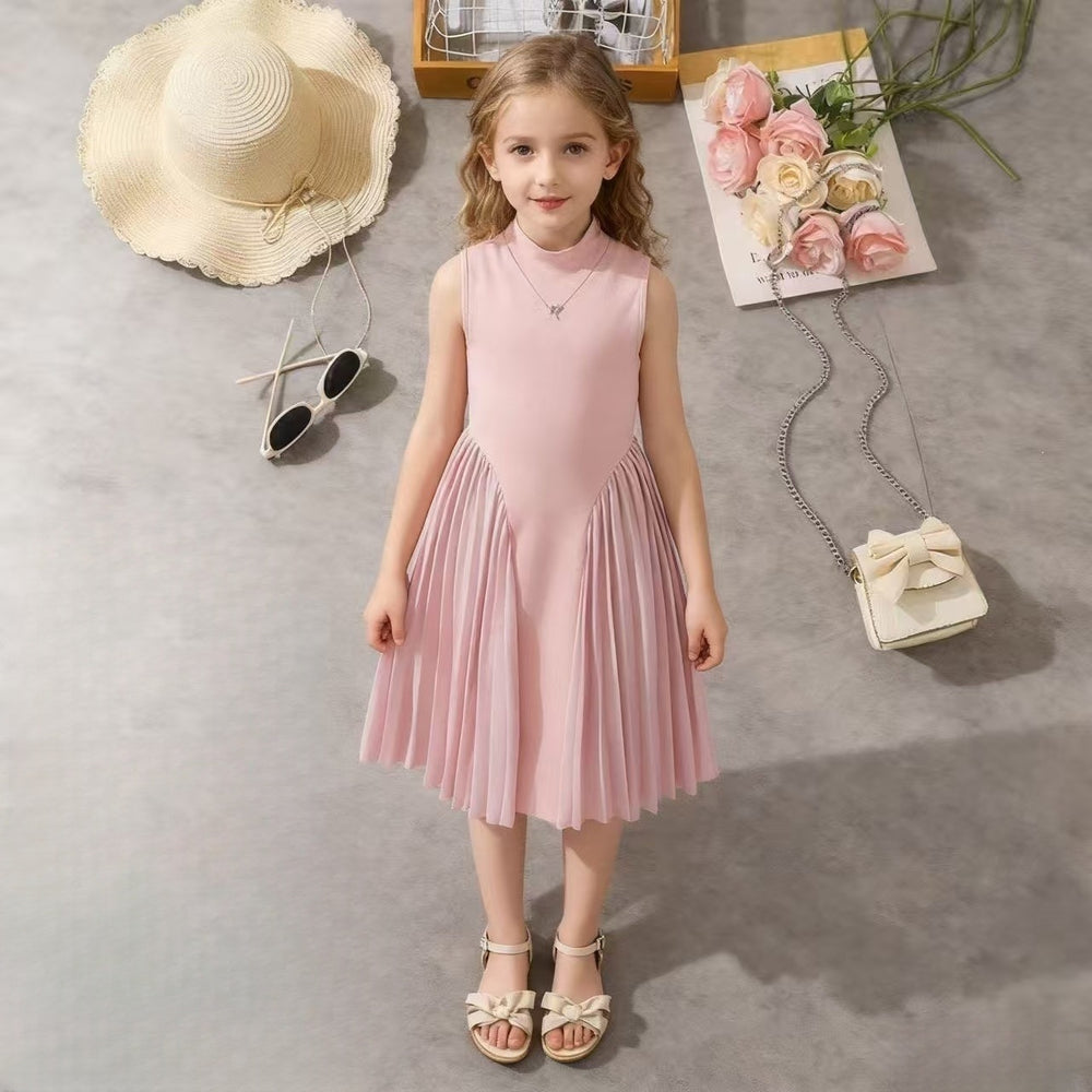 girls' summer dress,  new style, foreign trade european and american style, elegant pleated patchwork, cinched waist, sleeveless formal dress