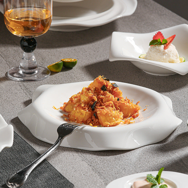 Minimalist pure white ceramic dinnerware set for home, restaurant, and hotel use - porcelain plates, creative plating, and dessert bowls