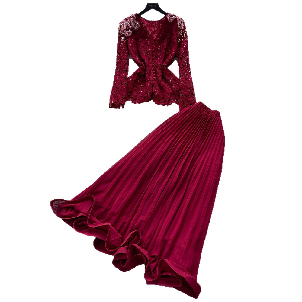 French chic v-neck lace top & high-waisted pleated skirt two-piece set - autumn's elegant & luxurious choice