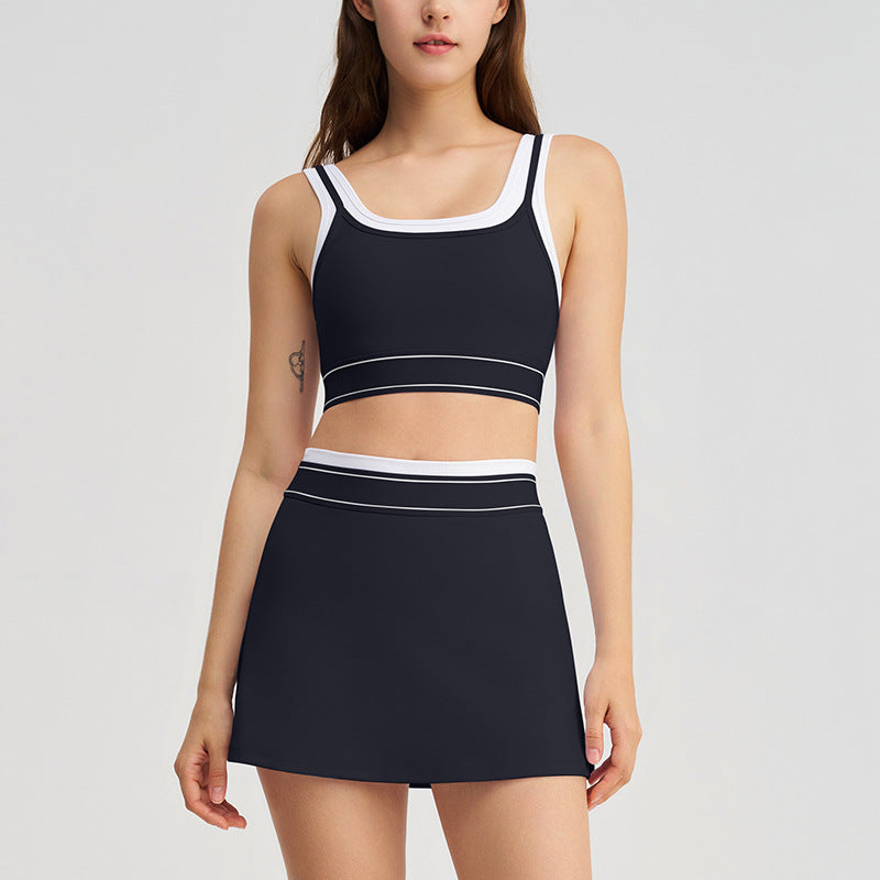 new arrivalfake two-piececontrast color white striped suspender running sports intimates bra tennis skirt yoga suit