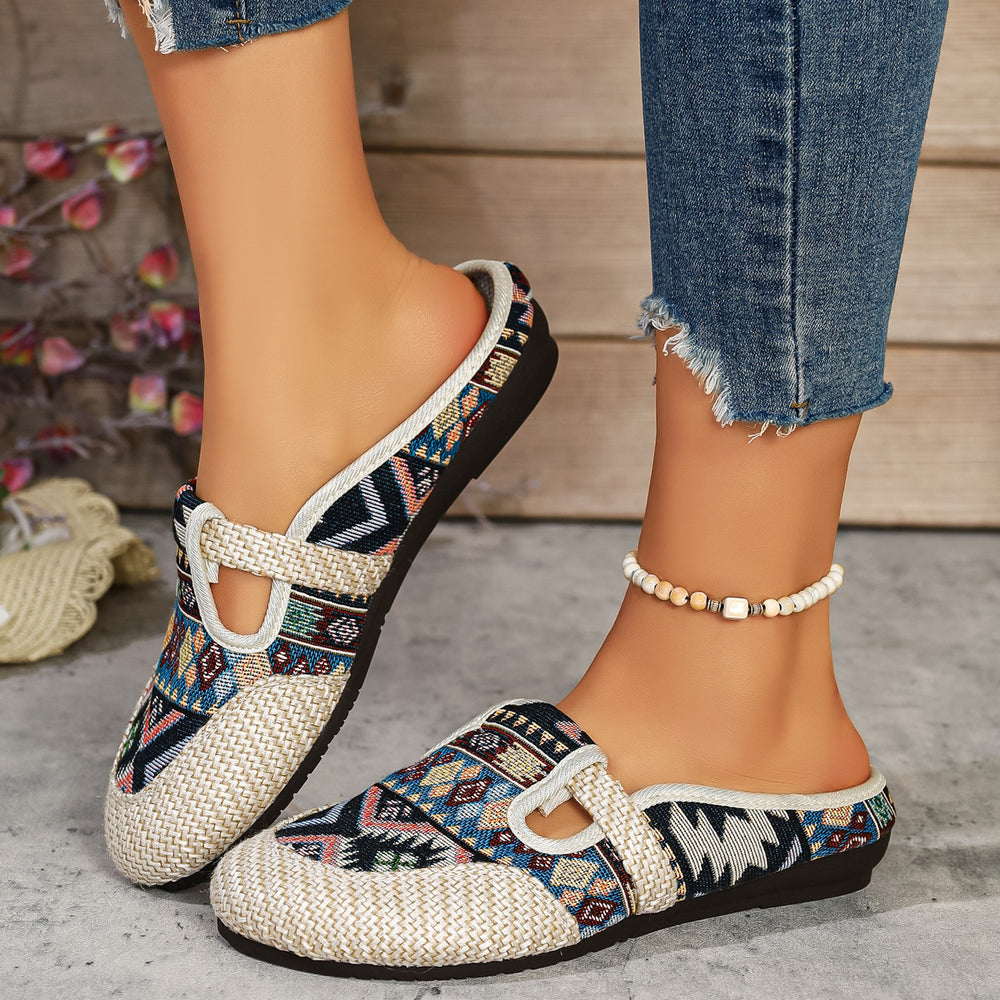 Export slip-on plus size ethnic style slip-on baotou flats slippers women's fashion round toe export flats shoes cross-border