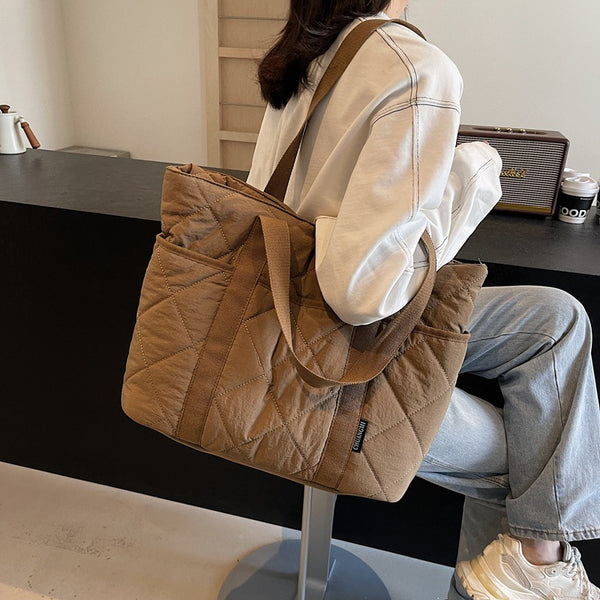 Autumn and winter high-end rhombus embroidery thread large-capacity shoulder bag new cotton clothes tote bag fashion commuter tooling bag