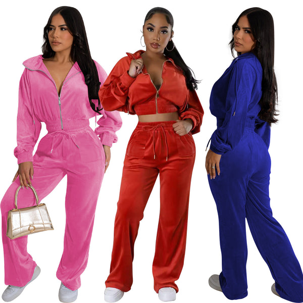 YD8791-E9 European and American women's clothing, 's new models, fashionable non-inverted fleece cardigan waist two-piece set,