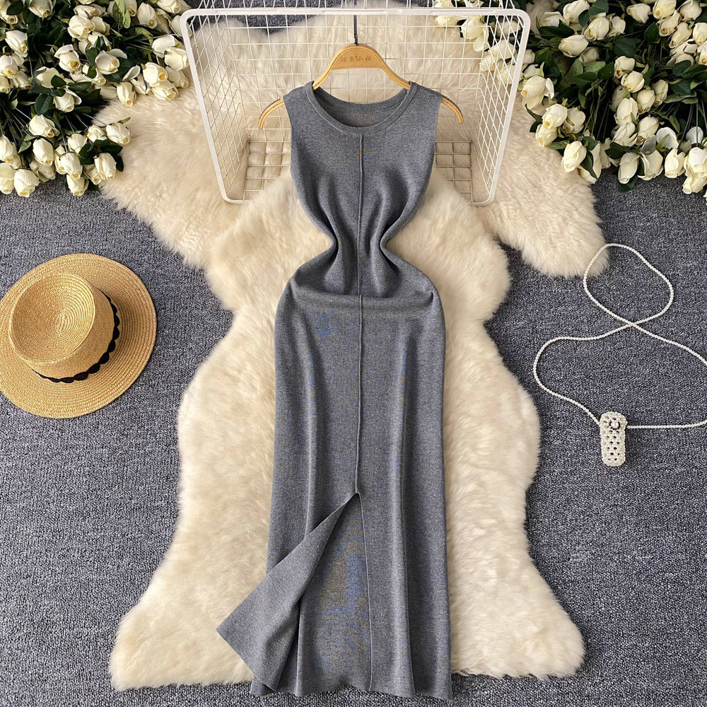 Sense of designfashion round neck sleeveless dress women's summer thin silmslimming look slit hip-covering knitting skirt long skirt