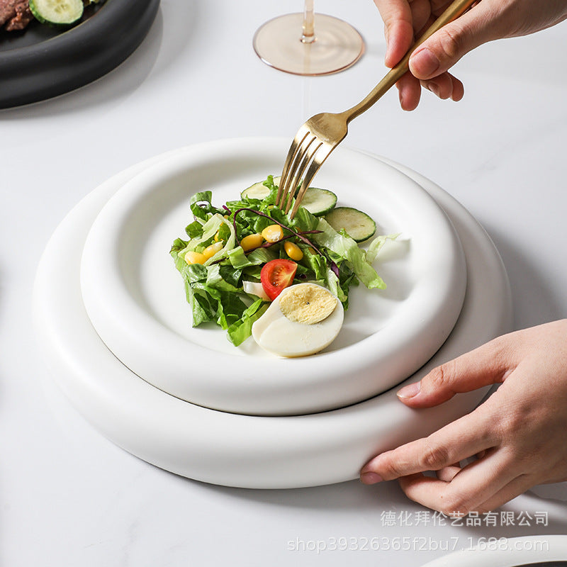 European-style matte large pasta plate, creative hotel restaurant dessert plate, steak plate, thick-rimmed black and white ceramic plate