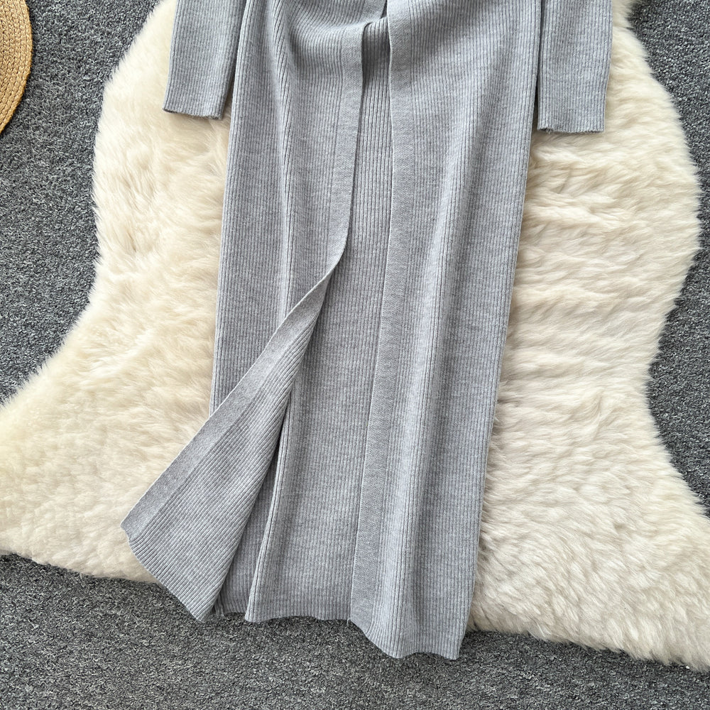 Korean style minimalist v-neck single-breasted slit knit dress - women's autumn outerwear, slim-fit, long-sleeve cover-up dress