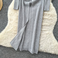 Korean style minimalist v-neck single-breasted slit knit dress - women's autumn outerwear, slim-fit, long-sleeve cover-up dress