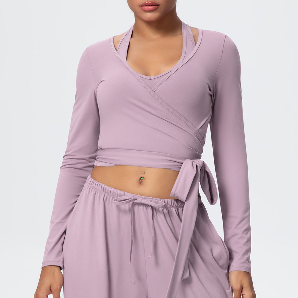 New brushed fabric tie-up long sleeve sports bra with open back, drawstring wide-leg loose pants, outdoor casual fitness outfit