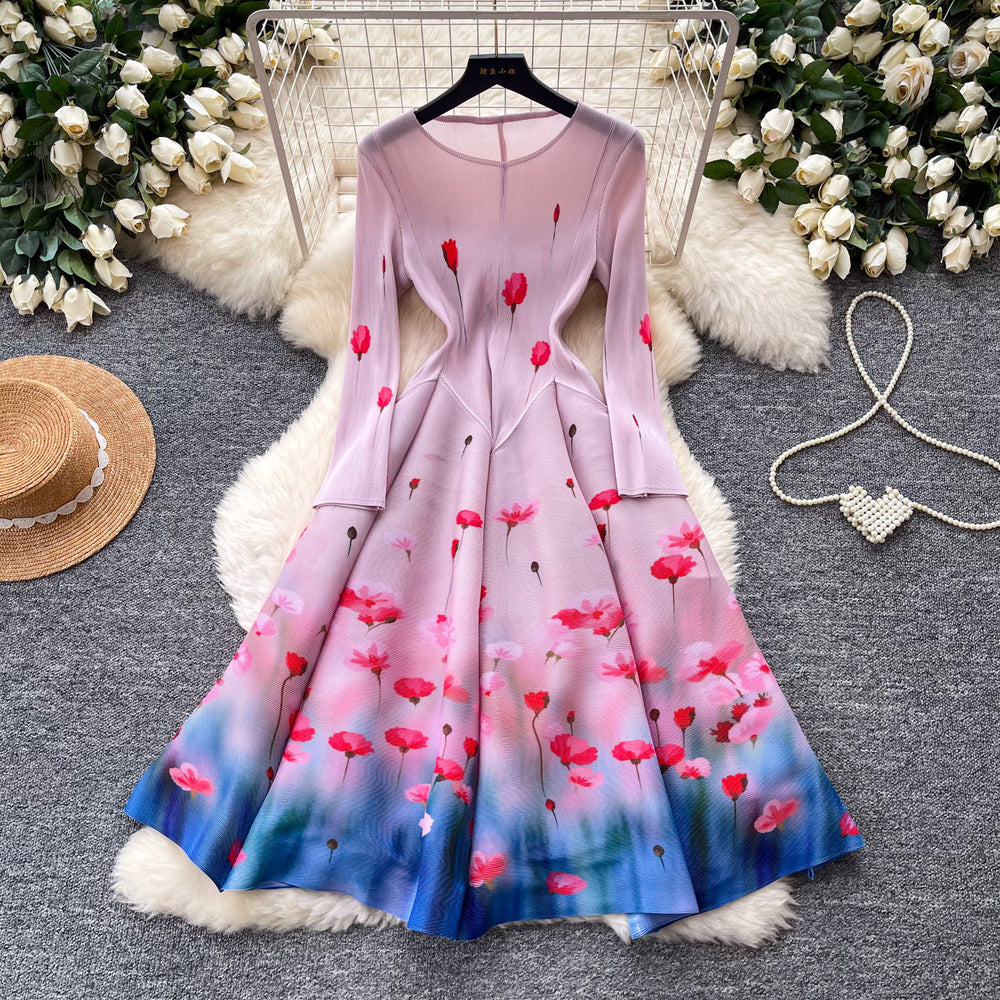 French romantic style printed stretch dress - women's summer long sleeve slim fit a-line dress - high-end commute dress